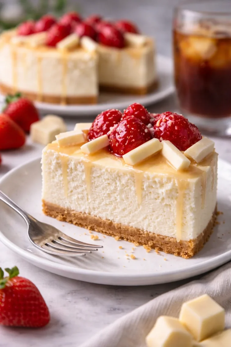 Leckerer weißer Schokoladenkäsekuchen auf einem Teller mit Fruchtdekor