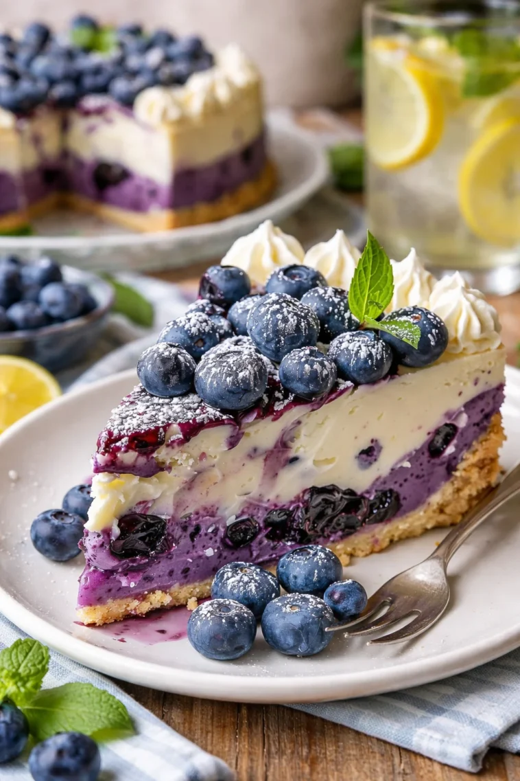 Weißer Schokolade Blaubeer Käsekuchen mit frischen Blaubeeren und Schokoladenglasur.