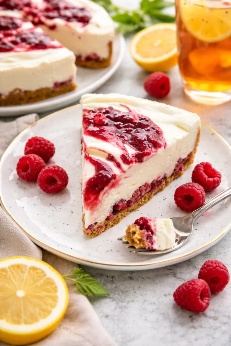 Delikater White Chocolate Raspberry Cheesecake mit frischen Himbeeren und Schokoladensauce