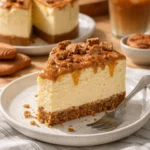 Biscoff-Käsekuchen auf einem Teller, dekoriert mit Biscoff-Keksen