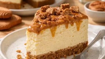 Biscoff-Käsekuchen auf einem Teller, dekoriert mit Biscoff-Keksen