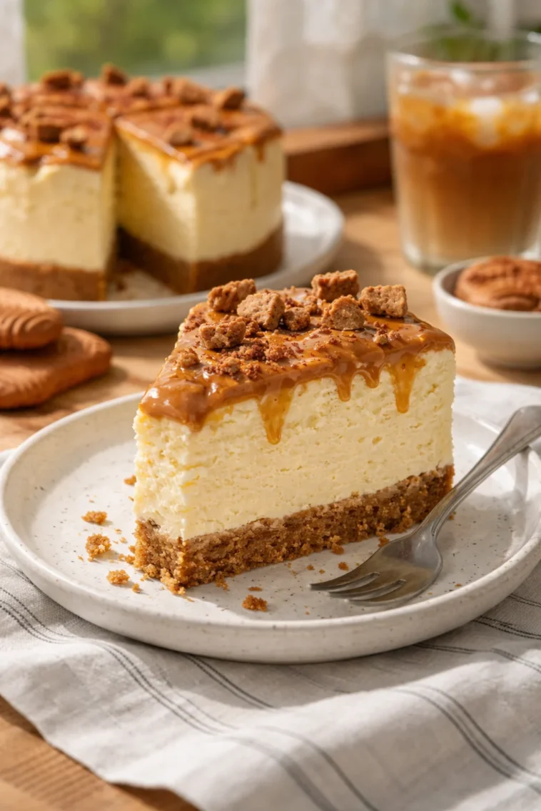 Biscoff-Käsekuchen auf einem Teller, dekoriert mit Biscoff-Keksen