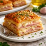 Schinken Käse Blätterteigstapel auf einem Teller angerichtet