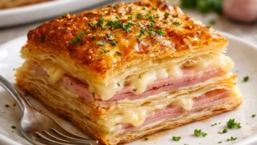 Schinken Käse Blätterteigstapel auf einem Teller angerichtet