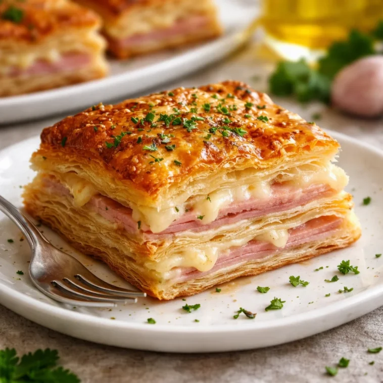 Schinken Käse Blätterteigstapel auf einem Teller angerichtet