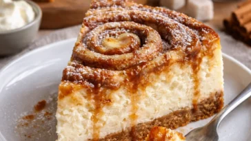 Saftiger Zimtschnecken Käsekuchen mit Zimt und Käsefüllung, perfekt zum Genießen.