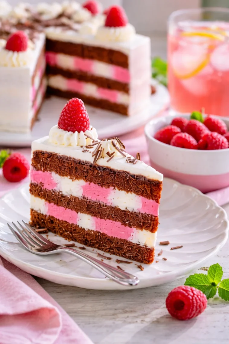 Zitronen-Himbeer-Torte auf einem dekorativen Teller, perfekt für jeden Anlass