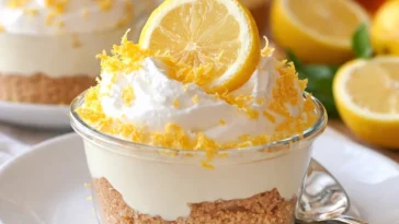 Zitronen-Käsekuchen-Mousse-Becher mit frischer Zitrone und Sahne