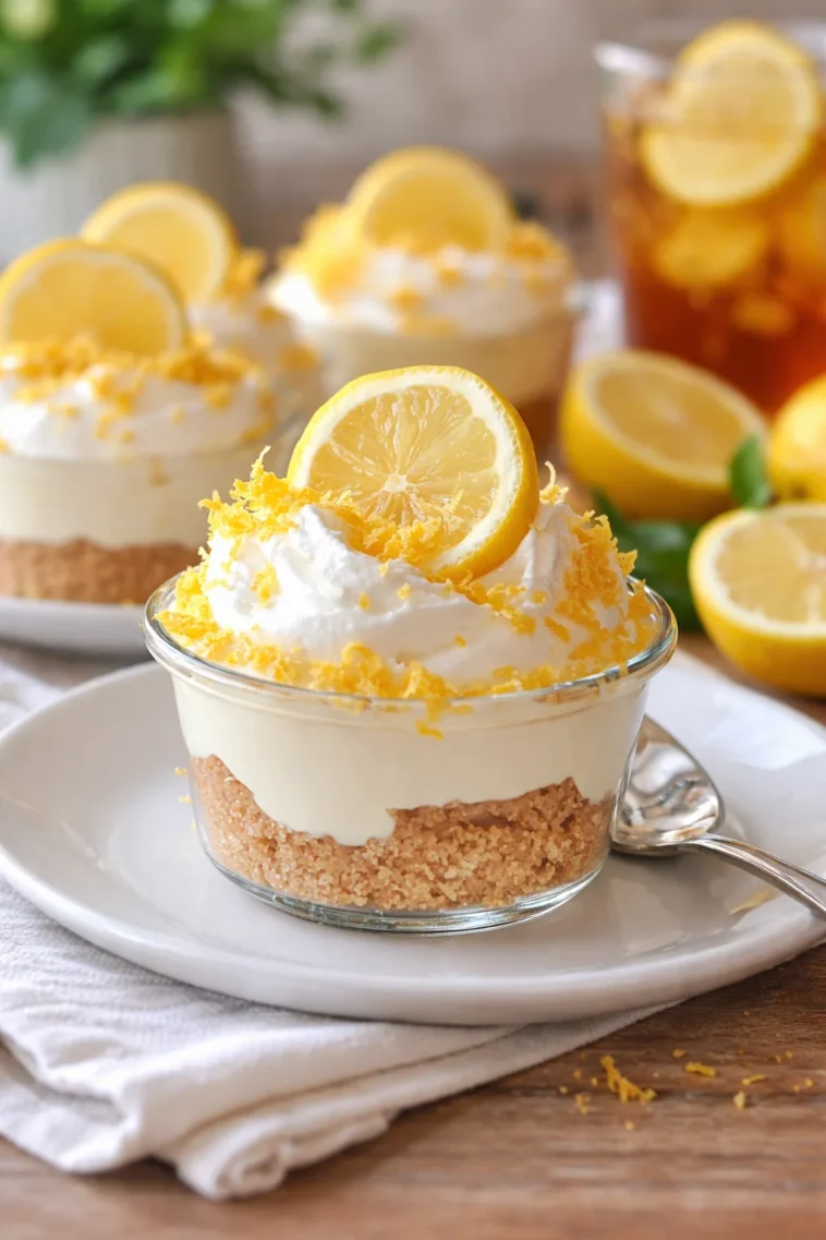 Zitronen-Käsekuchen-Mousse-Becher mit frischer Zitrone und Sahne