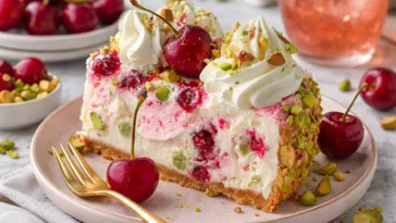 Zitronen-Limetten-Käsekuchen mit Kirschen und Pistazien auf einem Teller