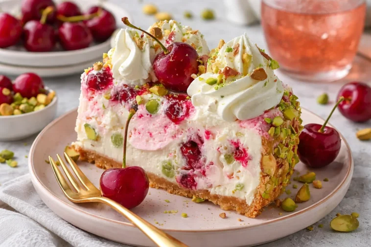 Zitronen-Limetten-Käsekuchen mit Kirschen und Pistazien auf einem Teller