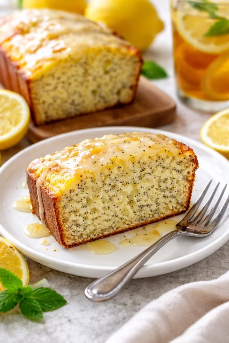 Zitronen-Mohn-Kuchen frisch gebacken in einer ansprechenden Backform