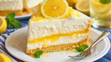 Sliced Zitronen-Mousse-Kuchen auf einem Teller, dekoriert mit Zitronenscheiben.