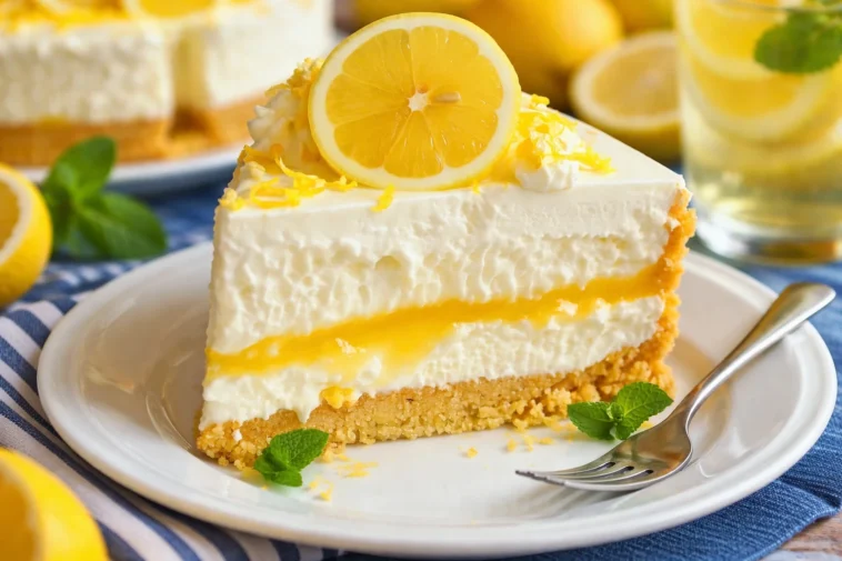 Sliced Zitronen-Mousse-Kuchen auf einem Teller, dekoriert mit Zitronenscheiben.