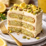 Zitronen-Pistazienkuchen mit frischen Zutaten auf einem Teller serviert