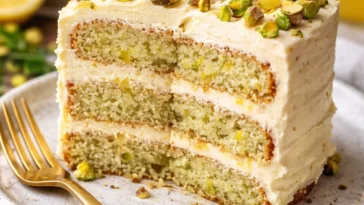 Zitronen-Pistazienkuchen mit frischen Zutaten auf einem Teller serviert