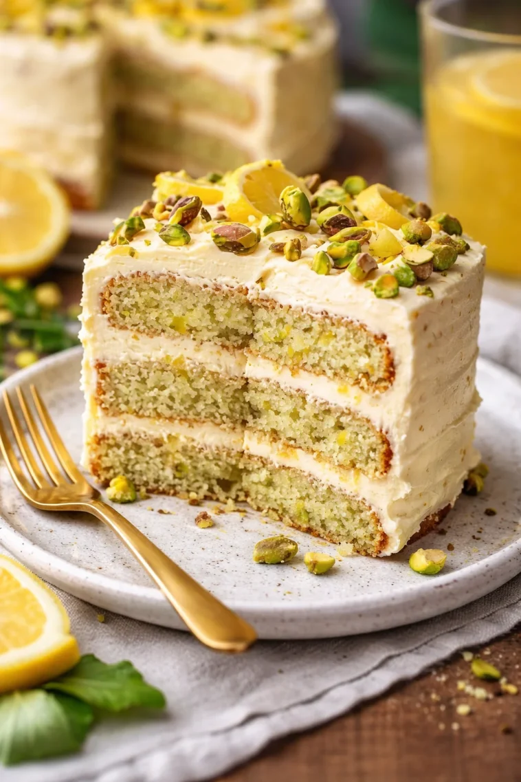 Zitronen-Pistazienkuchen mit frischen Zutaten auf einem Teller serviert