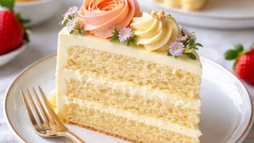 Saftiger Zitronenbutterkuchen mit Zitronenscheiben dekoriert