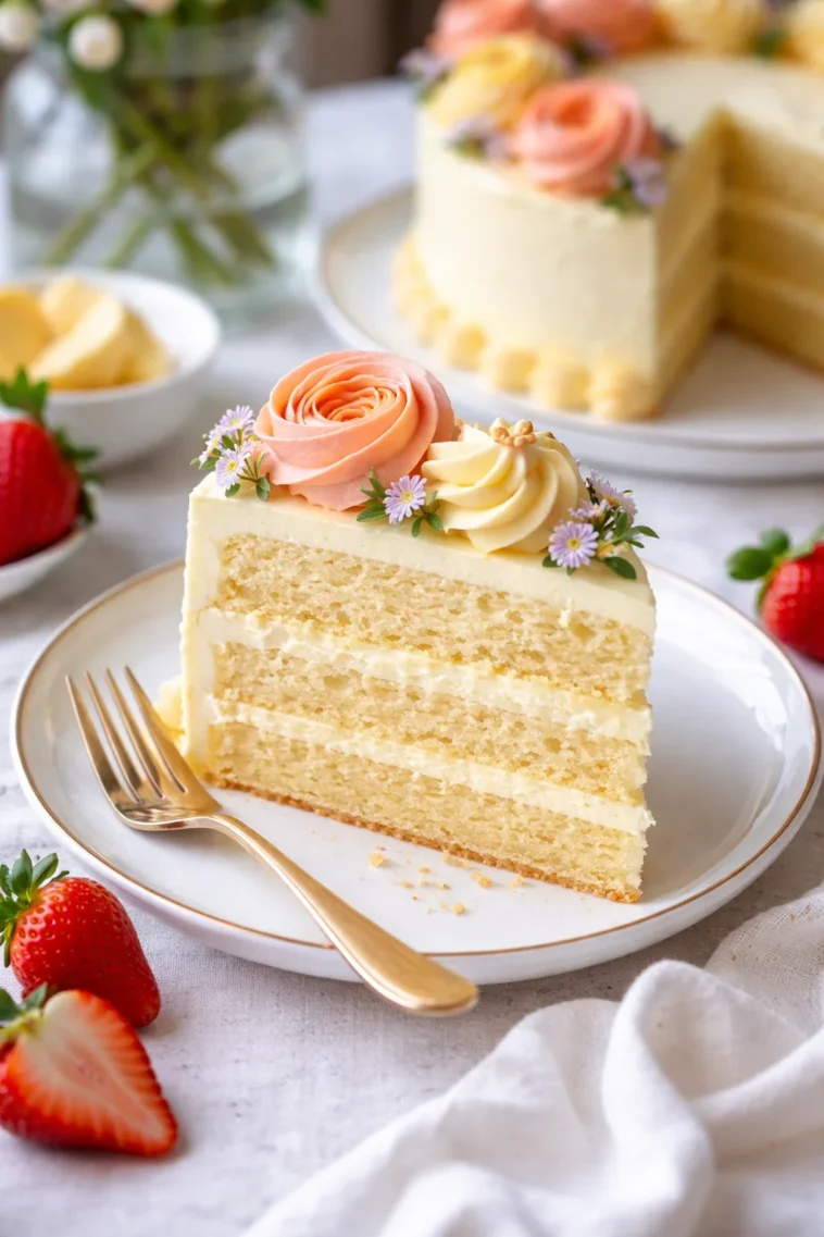 Saftiger Zitronenbutterkuchen mit Zitronenscheiben dekoriert