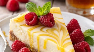 Zitronencreme-Käsekuchen auf einem Teller mit frischen Zitronenscheiben