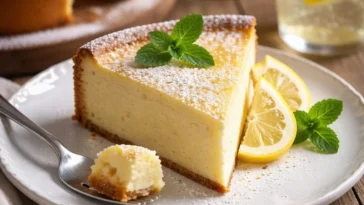 Frischer Zitronenkuchen mit Zitronenscheiben garniert