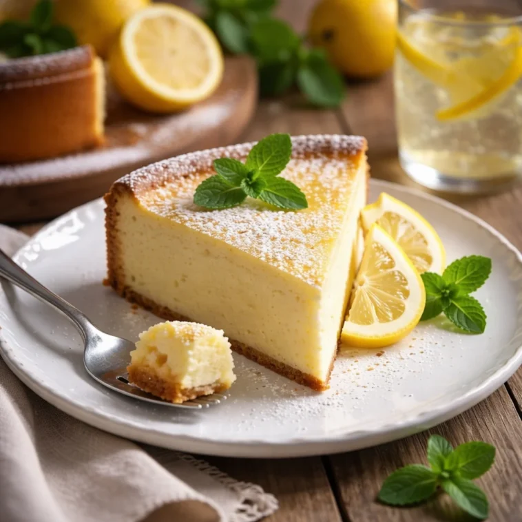 Frischer Zitronenkuchen mit Zitronenscheiben garniert