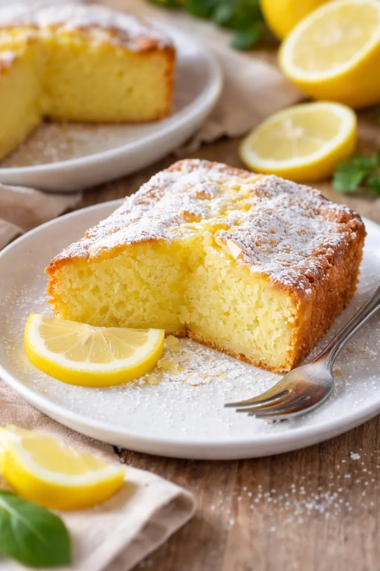 Leckerer Zitronenkuchen auf einem Teller mit frischen Zitronen
