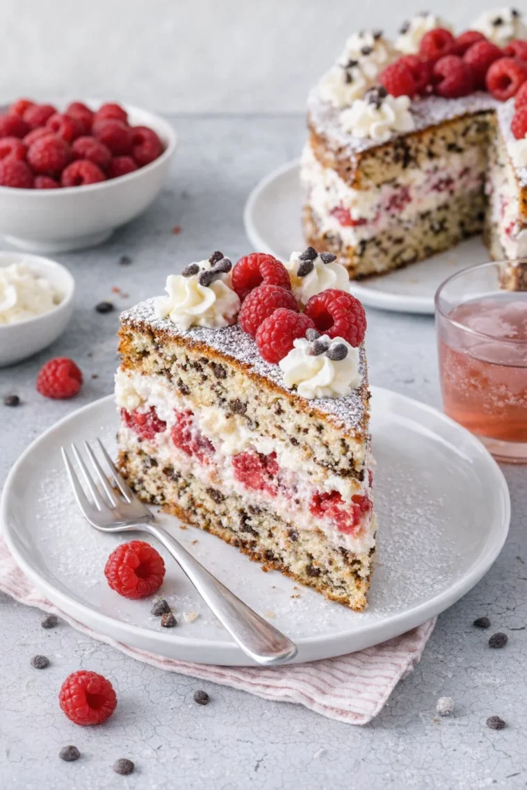 Ameisentorte mit Quark und Himbeeren auf einem Teller