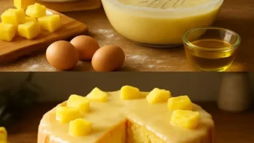 Saftiger Ananaskuchen mit frischen Ananasstücken und zartem Teig.
