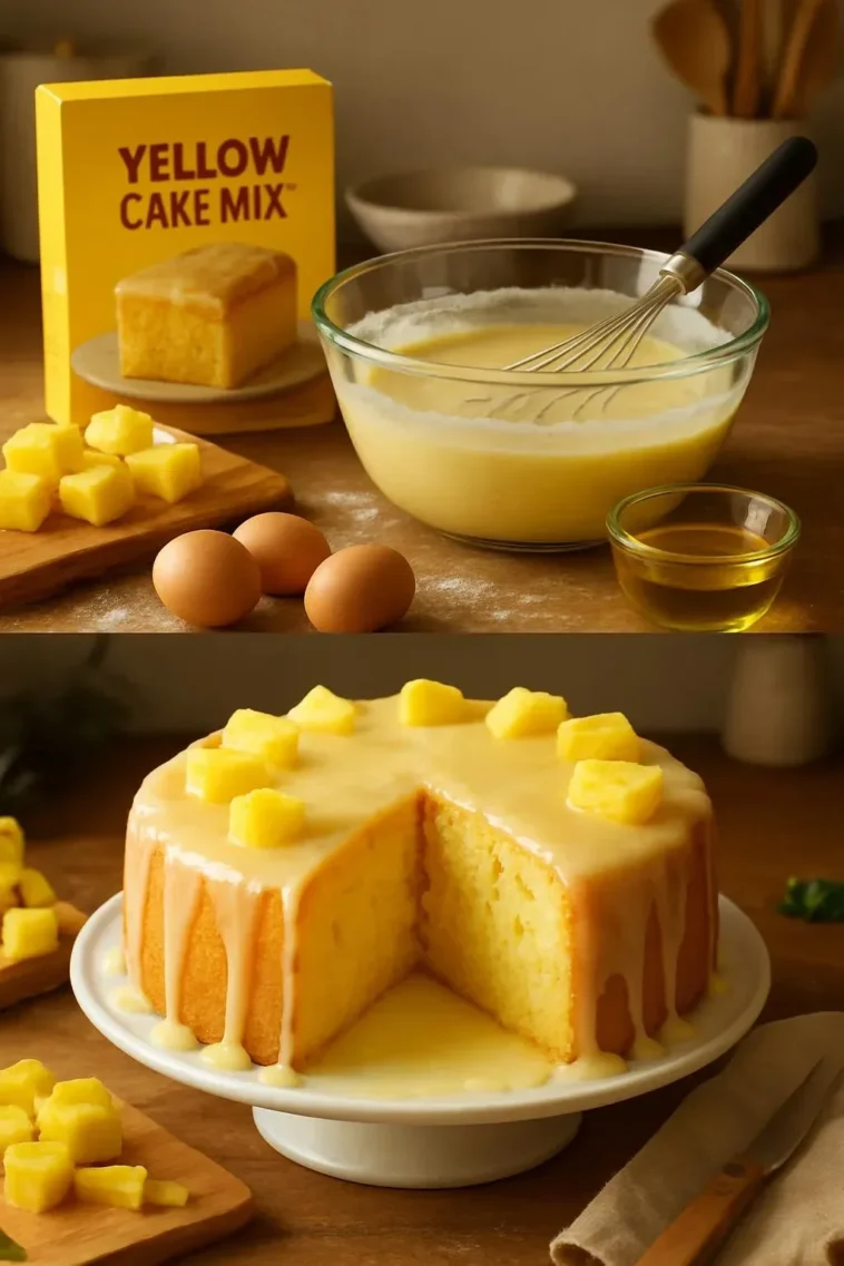 Saftiger Ananaskuchen mit frischen Ananasstücken und zartem Teig.