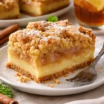 Saftiger Apfelkuchen mit Streuseln auf einem Teller serviert.