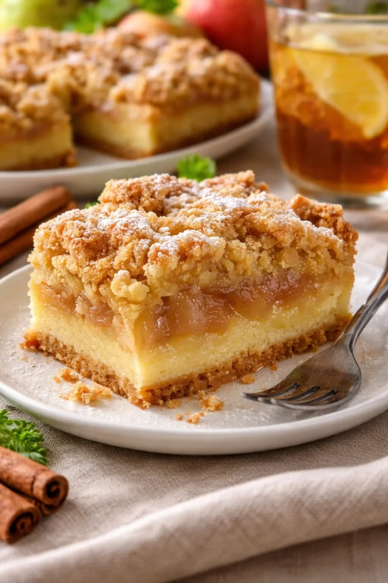 Saftiger Apfelkuchen mit Streuseln auf einem Teller serviert.