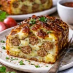 Bacon- und Wurstgefüllter Kartoffenlaib auf einem Teller serviert