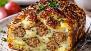 Bacon- und Wurstgefüllter Kartoffenlaib auf einem Teller serviert