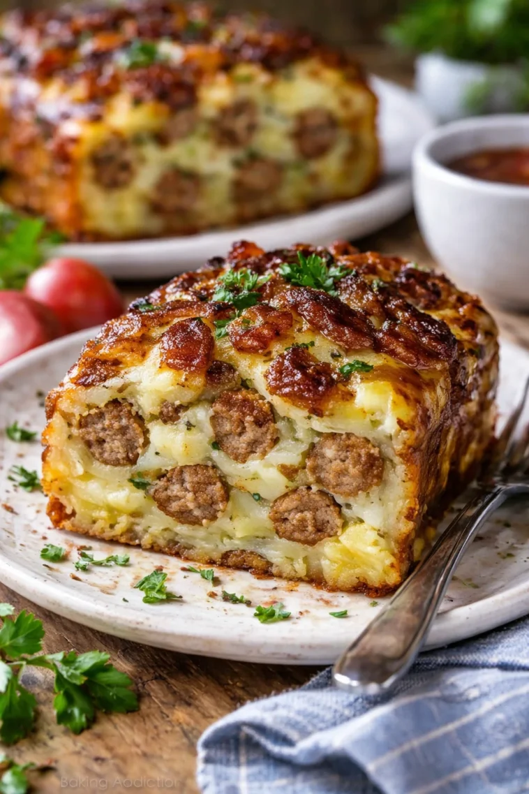 Bacon- und Wurstgefüllter Kartoffenlaib auf einem Teller serviert