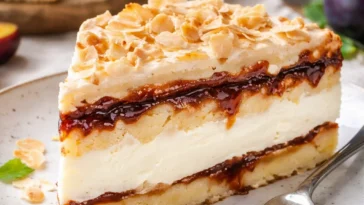 Baiser-Torte mit Vanillecreme und Pflaumenmus auf einem eleganten Dessertteller