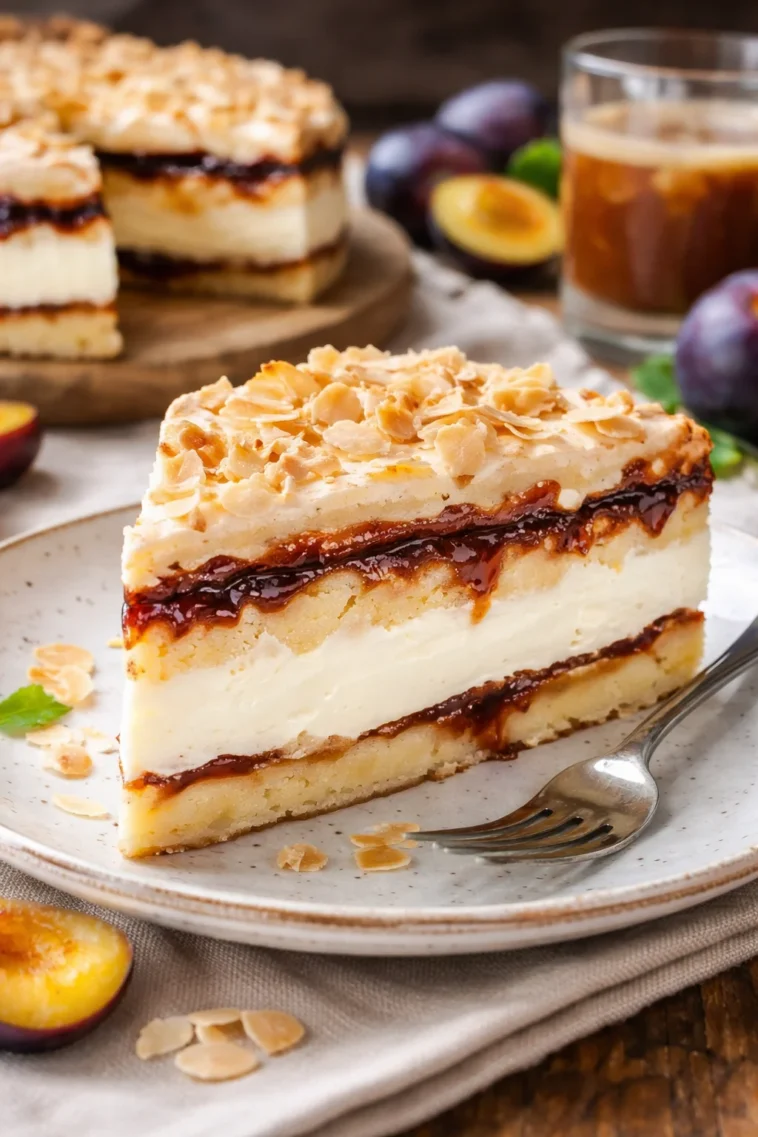 Baiser-Torte mit Vanillecreme und Pflaumenmus auf einem eleganten Dessertteller
