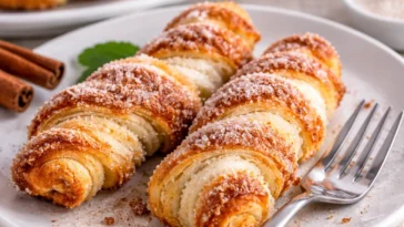 Gebackene Zimt-Drehungen aus Croissant-Teig auf einem Teller
