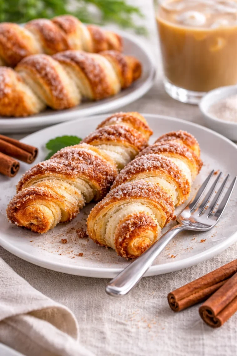 Gebackene Zimt-Drehungen aus Croissant-Teig auf einem Teller