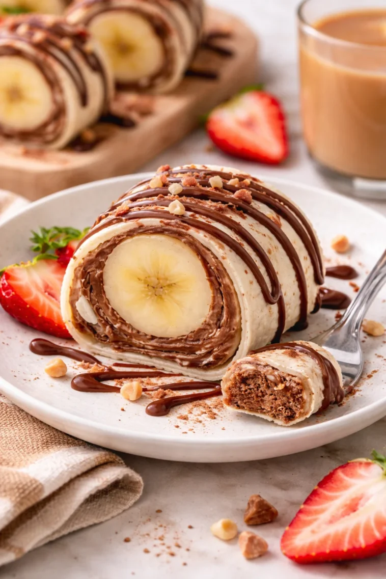 Bananen-Sushi mit Nutella auf einem Teller
