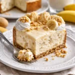 Bananenpudding-Käsekuchen auf einem Teller mit Bananenstücken dekoriert
