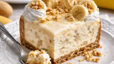 Bananenpudding-Käsekuchen auf einem Teller mit Bananenstücken dekoriert