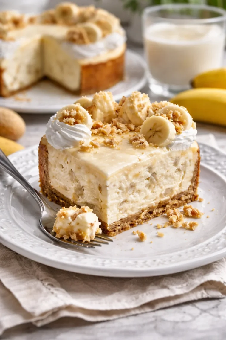 Bananenpudding-Käsekuchen auf einem Teller mit Bananenstücken dekoriert