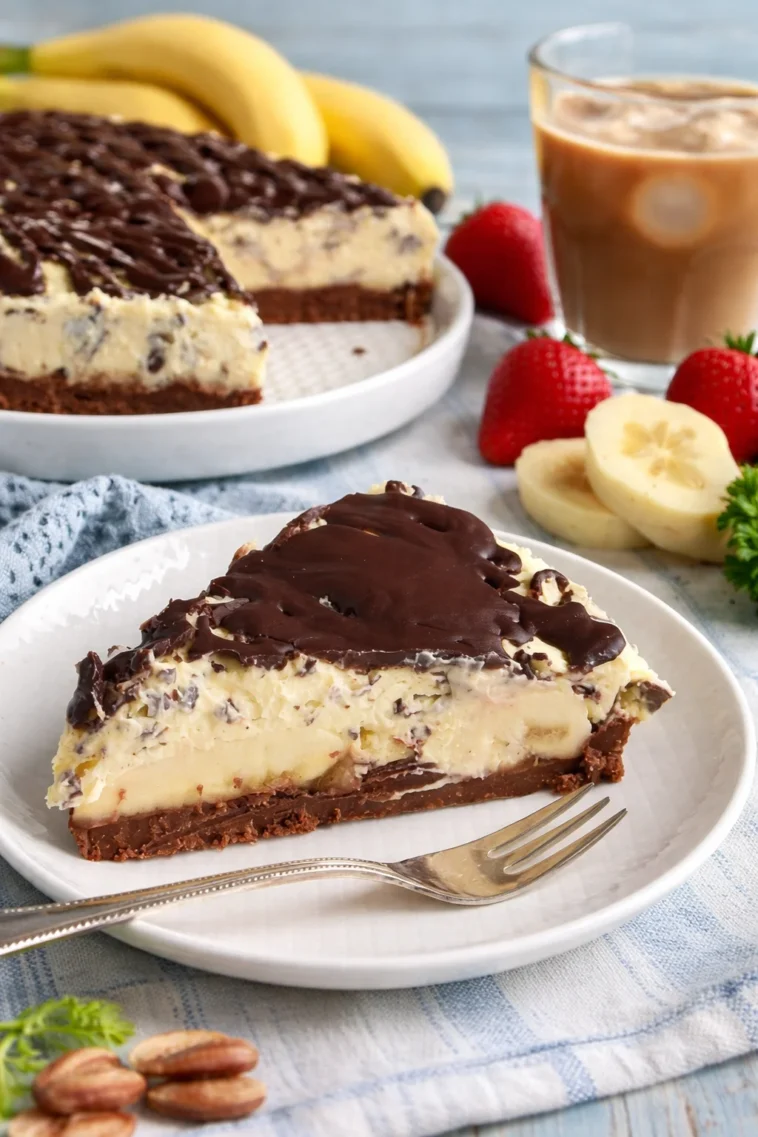 Bananensplitttorte mit Sahne und Schokoladensauce