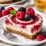 Beerenwirbel-Käsekuchenbissen mit fruchtigem Beeren-Topping auf einem Teller