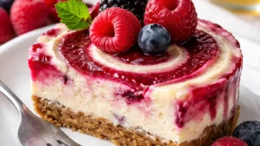 Beerenwirbel-Käsekuchenbissen mit fruchtigem Beeren-Topping auf einem Teller