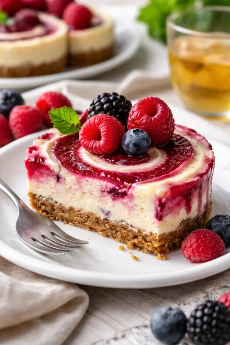 Beerenwirbel-Käsekuchenbissen mit fruchtigem Beeren-Topping auf einem Teller