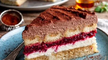 Beerige Tiramisu-Torte mit fruchtigem Belag und cremiger Schicht.