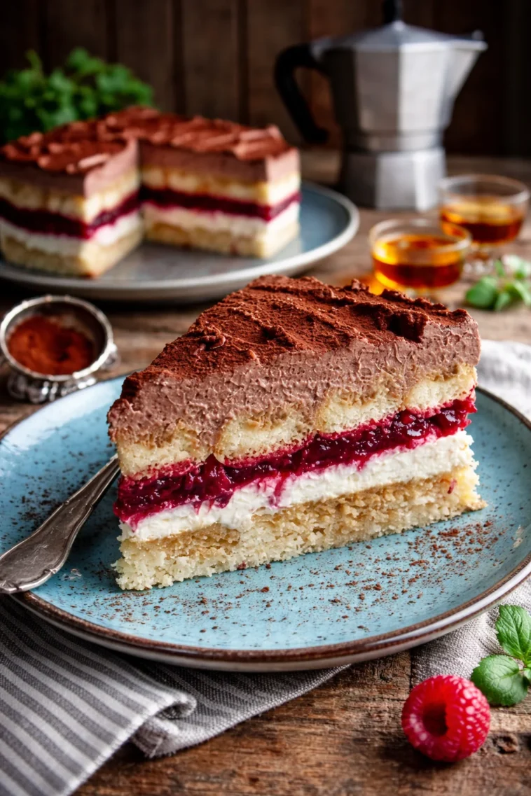 Beerige Tiramisu-Torte mit fruchtigem Belag und cremiger Schicht.