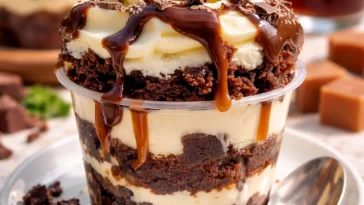 Leckerer Brownie-Käsekuchenbecher mit einer verführerischen Füllung